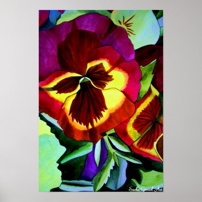 Red pansies watercolor flower original art poster (Front)