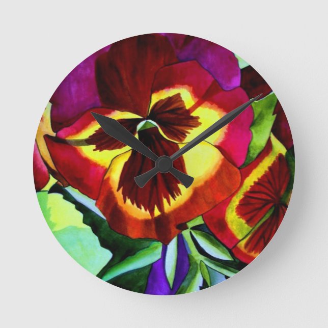 Red pansies watercolor flower original art round clock (Front)