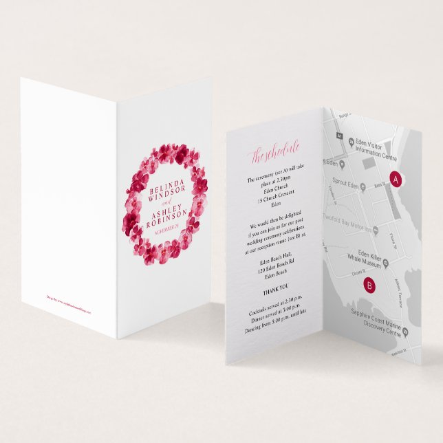 Red pansy art wedding details schedule map (Inside and Outside)