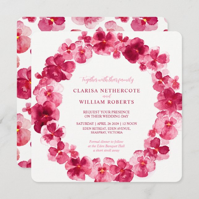 Red pansy watercolor flower wreath wedding invitation (Front/Back)