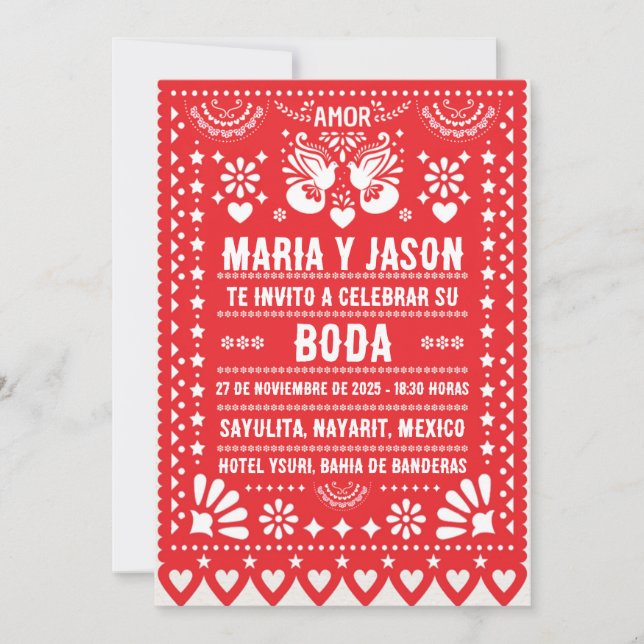Red Papel Picado Fiesta Folk Art Spanish Wedding Invitation (Front)