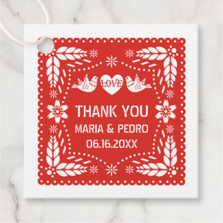 Red papel picado love birds wedding fiesta favor tags