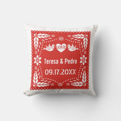 Red papel picado love birds wedding fiesta  throw pillow