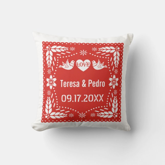 Red papel picado love birds wedding fiesta  throw pillow (Front)