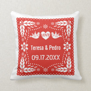 Red papel picado love birds wedding fiesta throw pillow