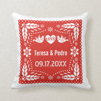 Red papel picado love birds wedding fiesta  throw pillow
