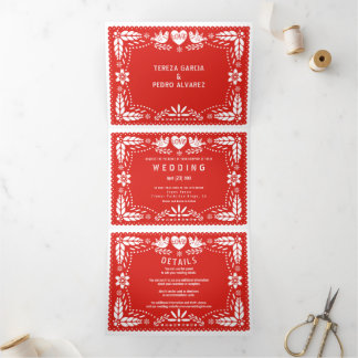 Red papel picado love birds wedding Tri-Fold invitation