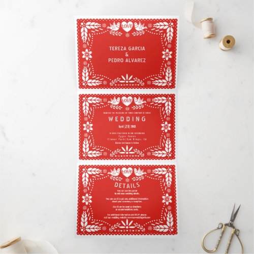 Red papel picado love birds wedding Tri_Fold invitation