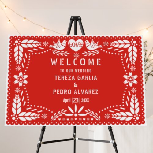 Red Papel Picado lovebirds wedding welcome Foam Board