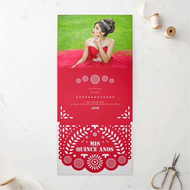 Red Papel Picado Mis Quince Años Tri-Fold Invitation (Outside)