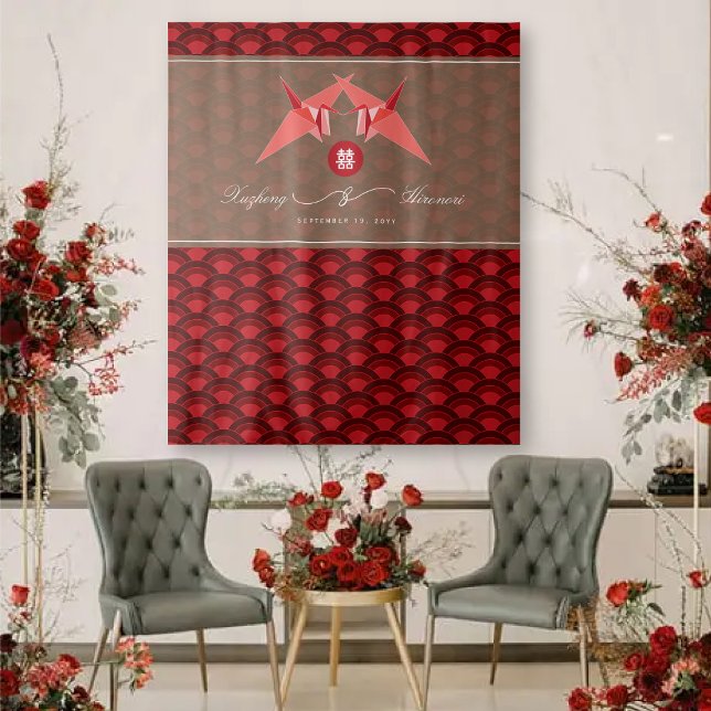 Red Paper Cranes Double Happiness Wedding Backdrop (Red Origami Paper Cranes Scallop Pattern, Double Happiness Chinese Wedding Photo Backdrop Tapestry)