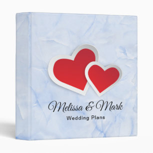 Red Paper Hearts on Icy Blue Marble Wedding Plans Binder