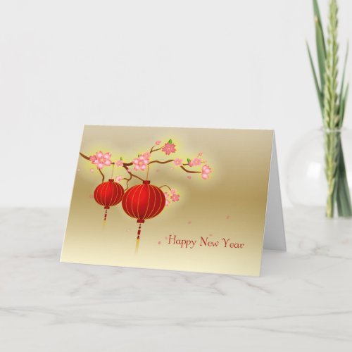 Red Paper Lanterns Pink Blossom Chinese New Year Holiday Card