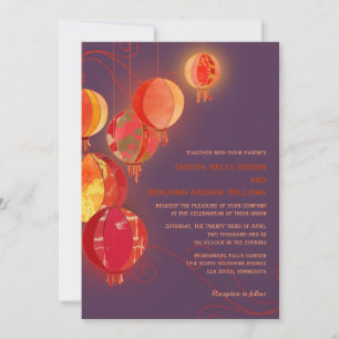 Red Paper Lanterns Purple Wedding Invitation