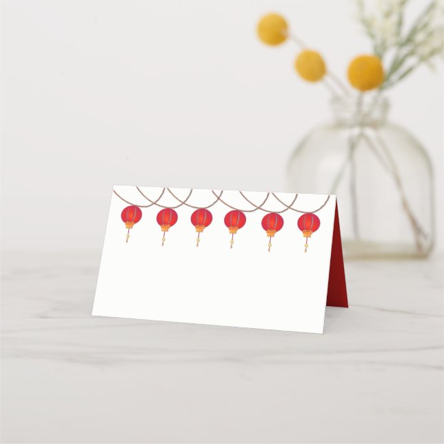 Red Paper Lanterns Wedding Folded Place Card (Front)