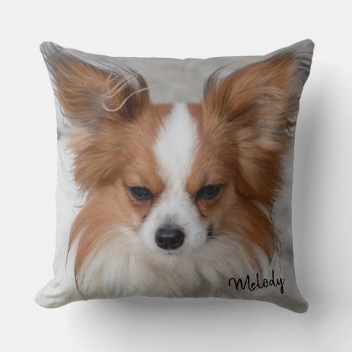 Red Papillon Dog Pet Photo Personalized Pet Name Throw Pillow