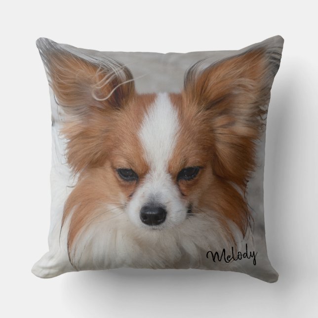 Red Papillon Dog Pet Photo Personalized Pet Name Throw Pillow (Front)