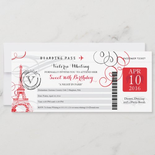 Red Paris Eiffel Tower  Sweet 16 Birthday Invitation