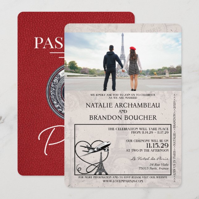 Red Paris Passport Wedding Invitation (Front/Back)