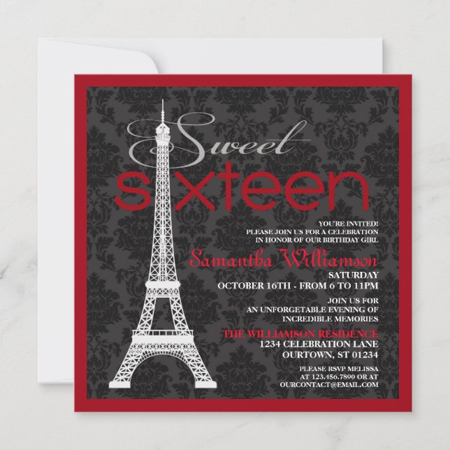Red Paris Sweet 16 Invitations (Front)