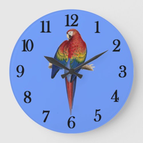 Red Parrot Blue Background Large Clock