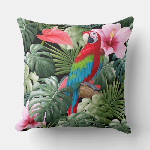 Red parrot in the jungle throw pillow