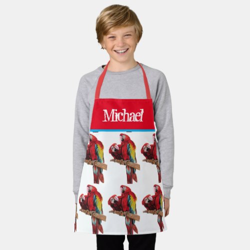 Red Parrot Macaw Colorful Blue Kids Boys Name Apron