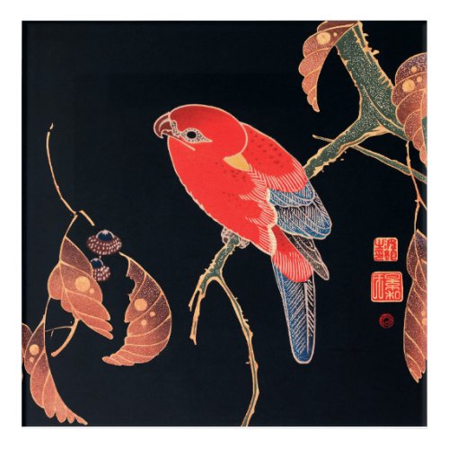 Red Parrot on Branch of Tree, Acrylic Print