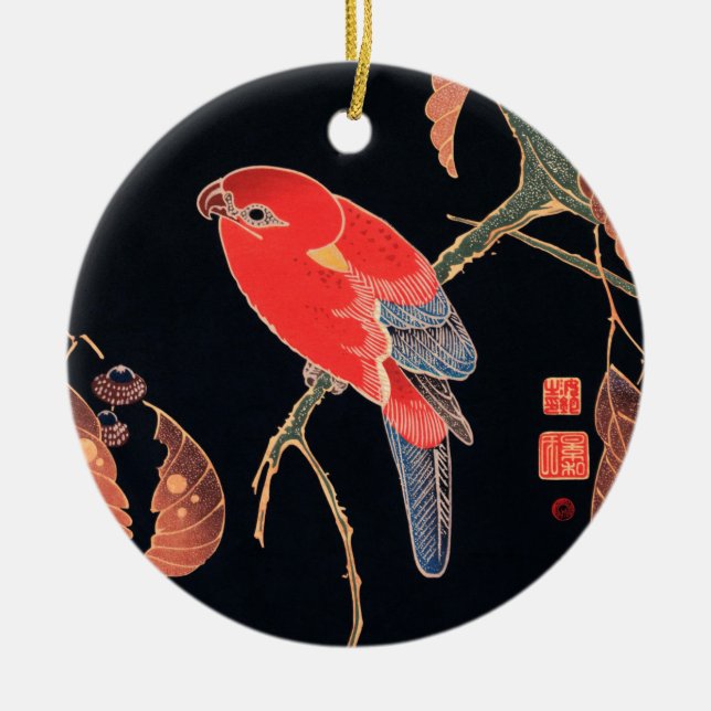 Red Parrot on the Branch of a Tree by Ito Jakuchu Ceramic Ornament (Front)