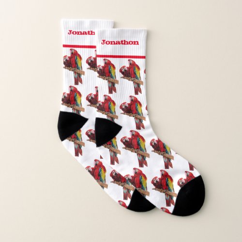 Red Parrot Tropical Macaw Art Pattern Mens Name Socks