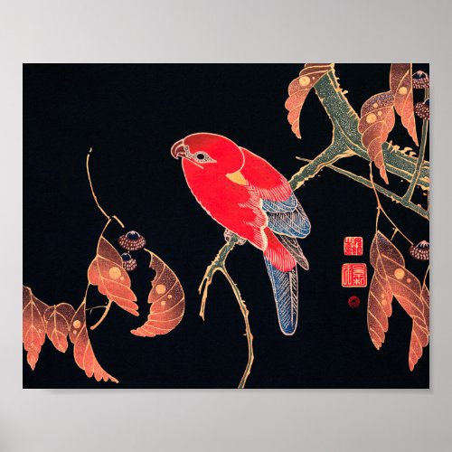 Red Parrot Vintage Bird Japanese Woodblock Print