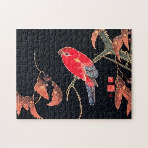 Red Parrot Vintage Bird Japanese Woodblock Print Jigsaw Puzzle