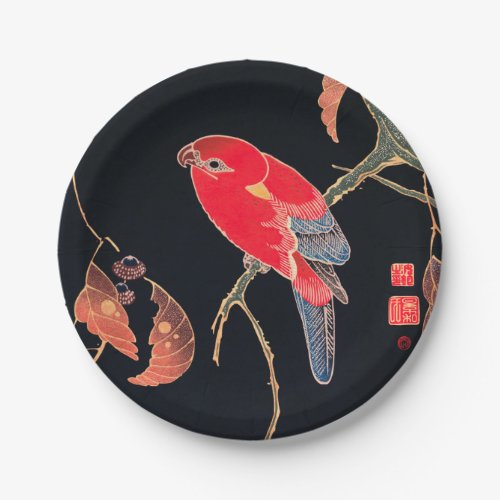 Red Parrot Vintage Bird Japanese Woodblock Print Paper Plates