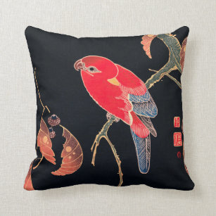 Red Parrot Vintage Bird Japanese Woodblock Print Throw Pillow