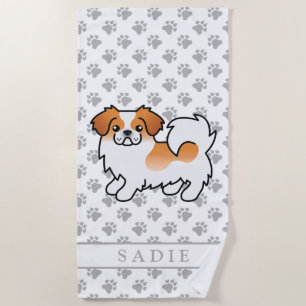 Red Parti-Color Tibetan Spaniel Cute Dog & Name Beach Towel
