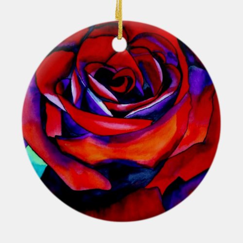 Red passion rose original watercolor art ceramic ornament