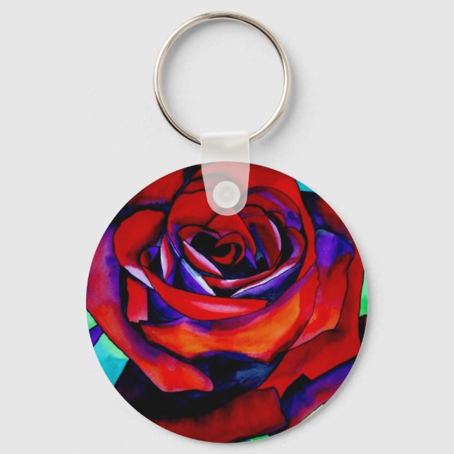 Red passion rose original watercolor art keychain (Front)