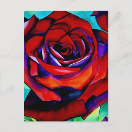 Red passion rose original watercolor art postcard