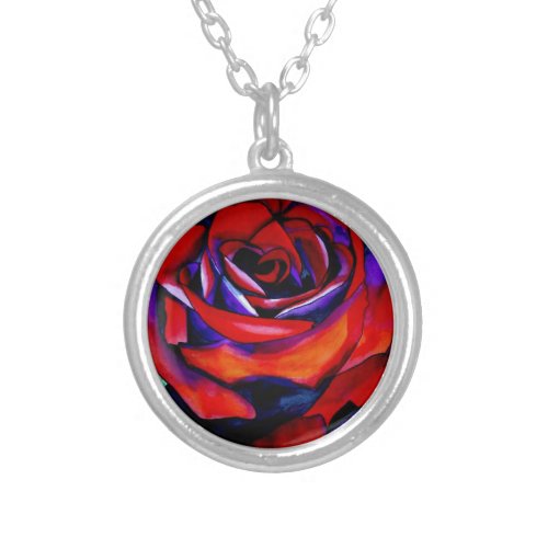 Red passion rose original watercolor art silver plated necklace