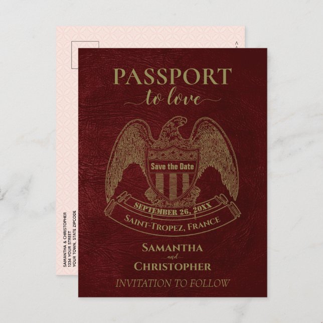 Red Passport Cute Fun Wedding Save the Date Announcement Postcard (Front/Back)