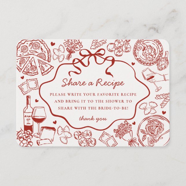 Red Pasta Thats Amore Italian Bridal Shower Recipe Enclosure Card (Front)