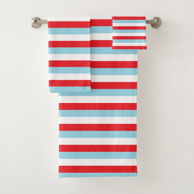 Red, Pastel Blue and White Stripes Bath Towel Set (Insitu)