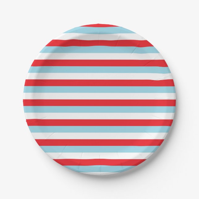 Red, Pastel Blue and White Stripes Paper Plates (Front)