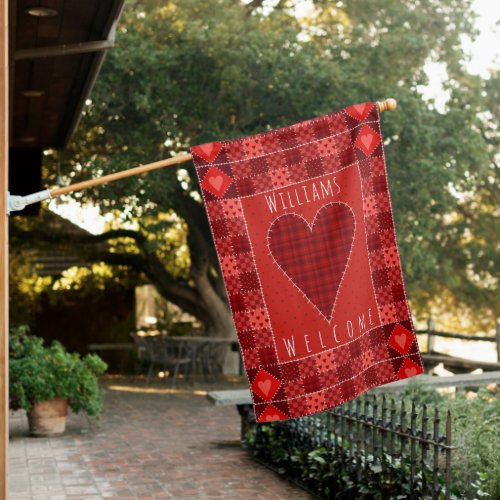 Red Patchwork Heart Family Name Welcome House Flag