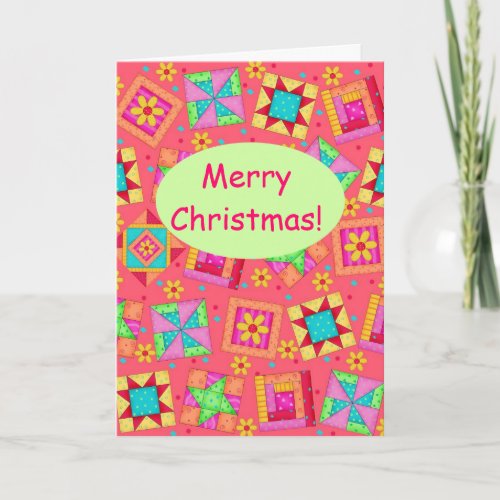 Red Patchwork Quilt Block Art Merry Christmas Holiday Card