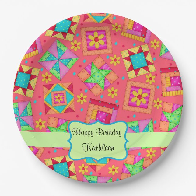 Red Patchwork Quilt Block Name Happy Birthday Paper Plates (Front)