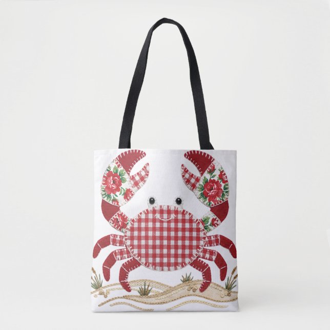 Red Patchwork Quilt Crab Tote Bag (Front)