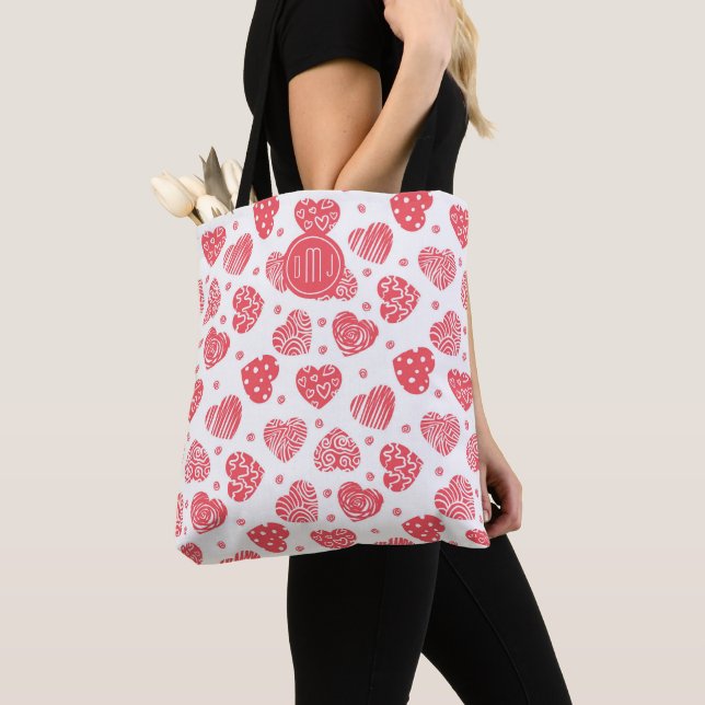 Red Pattern Valentine Hearts Monogram Tote Bag (Close Up)