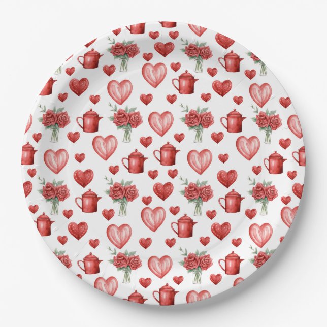 red pattern with hearts for valentine's day  paper plates (Front)