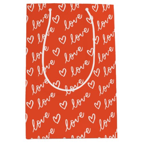 Red pattern with love heart doodles  lettering medium gift bag